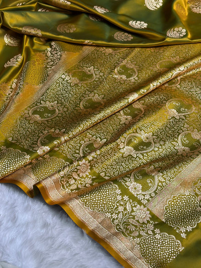 Mehendi Green Unique Boota Pattern Satin Katan Silk Saree SK70