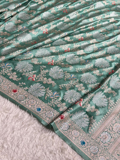Banarasi Floral Minakari Jaal Pattern in Sea Green Shades Floral Mashru Silk Saree MCS100