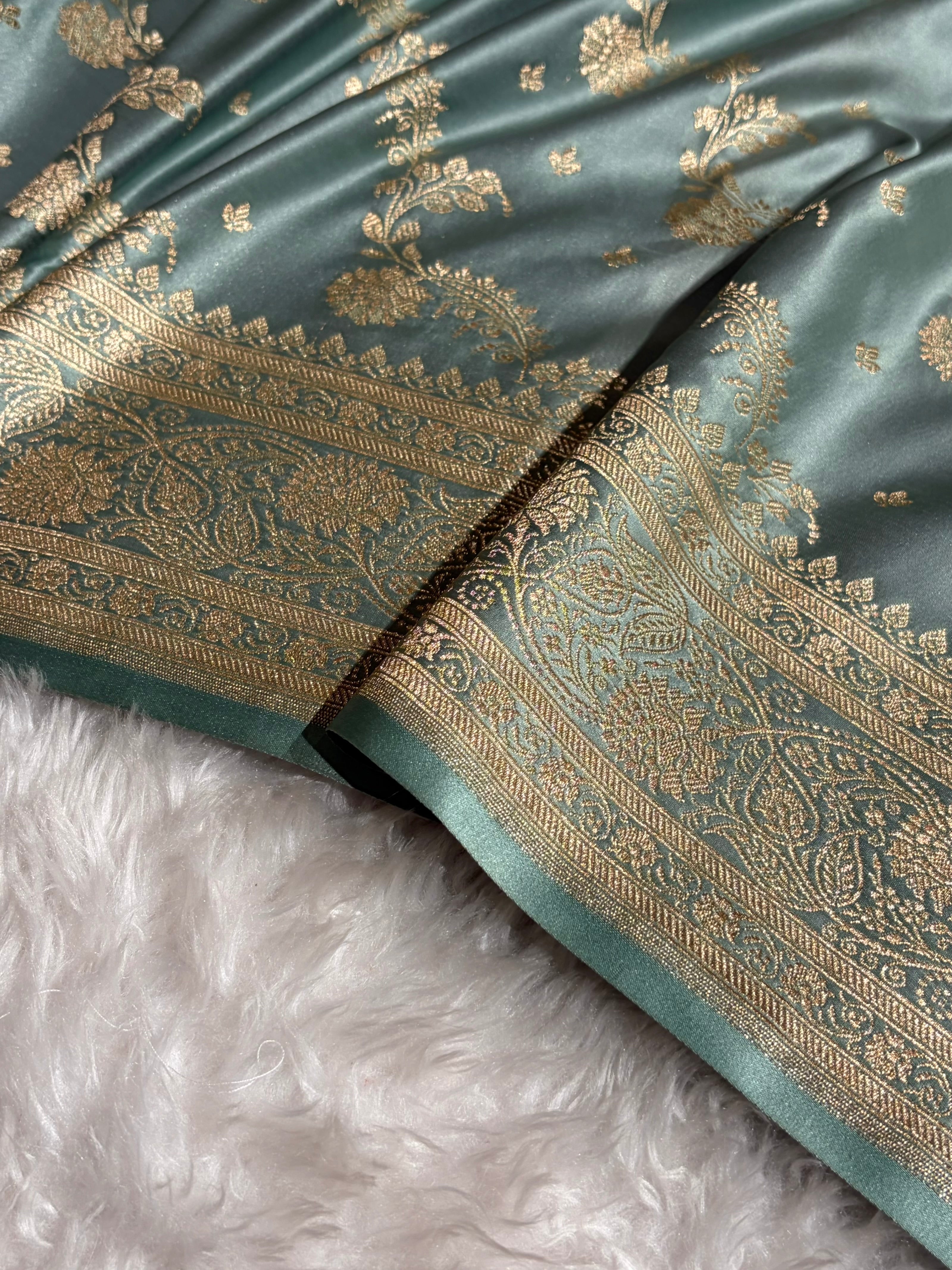 Banarasi Satin Katan Saree With Jaal Pattern in Pastel Grey Shades SK121
