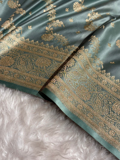 Banarasi Satin Katan Saree With Jaal Pattern in Pastel Grey Shades SK121