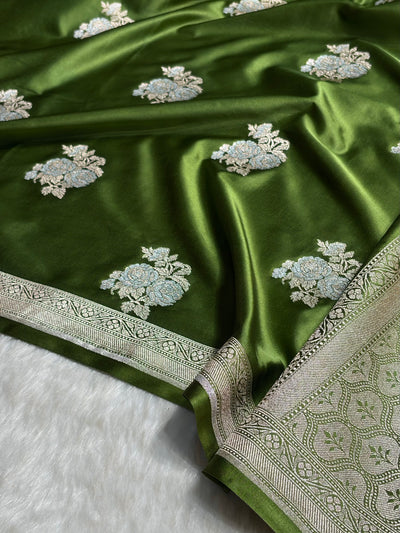 Mehendi Green Sona Rupa Floral Motif Mashru Silk Saree MCS50