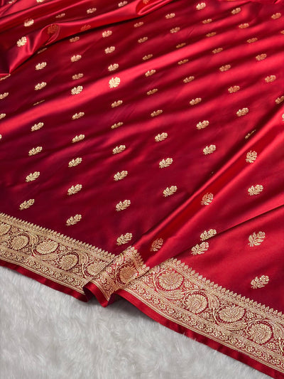 Cross Maroon Floral Boota Pattern Satin Katan Silk Saree SK71