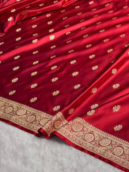 Cross Red Floral Boota Pattern Satin Katan Silk Saree SK71