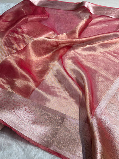 Banarasi Pastel Peach Shades Strip Pure Tissue Silk Saree PT-57