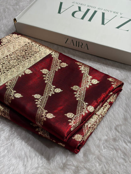Maroon Shades Cross Pattern Banarasi Satin Silk Saree SS50