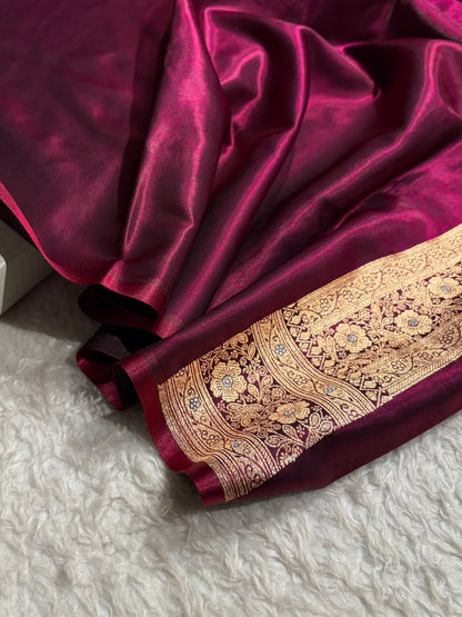 Wine Shades Minakari Boota Pattern Banarasi Satin Silk Saree SS44