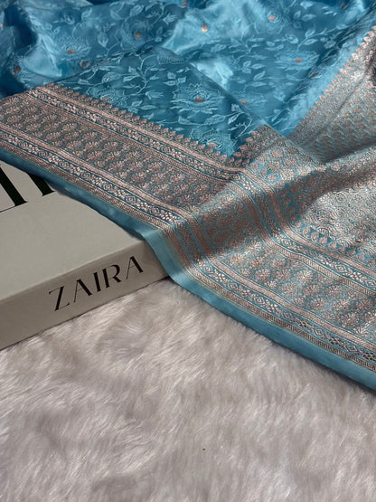 Banarasi Tanchoi Sky Blue Floral Booti Mashru Silk Saree MS59