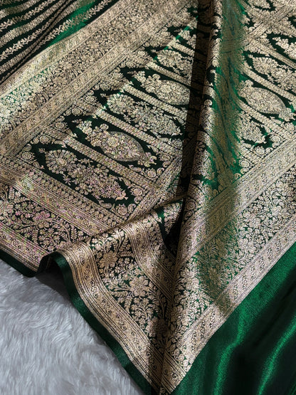 Bottle Green Shades Stripe Pattern Banarasi Satin Silk Saree SS46