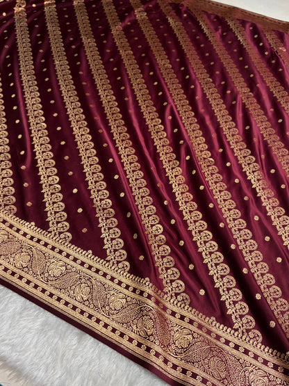 Garnet Shades Cross Floral Pattern Satin Katan Silk Saree SK79