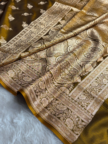 Satin Silk Saree Floral Boota in Mehendi Shades SS26