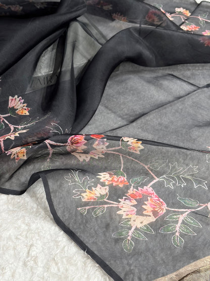 Black Organza with Pastel Multicolor Florals POP02