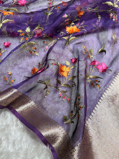Purple Shades With Floral Embroidered Pure Tissue Silk Saree with Brocade Blouse PTE-09
