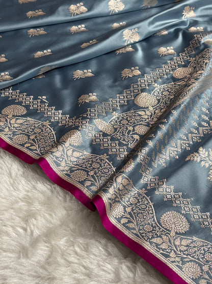 Turquoise Shades Banarasi Boota Pattern Floral Mashru Silk Saree MSM-115