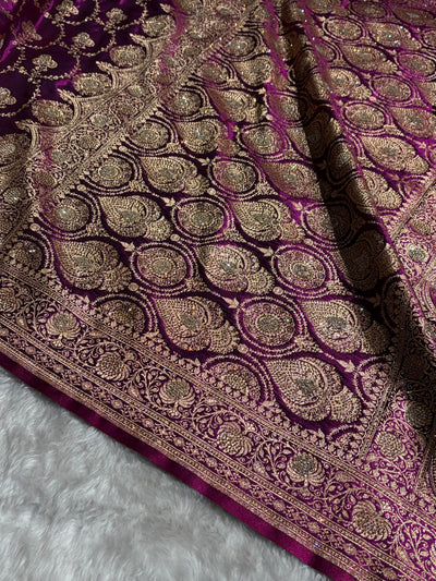 Satin Silk Saree Banarasi Swarovski Work Jaal in Wine Shades BSS23 (R)