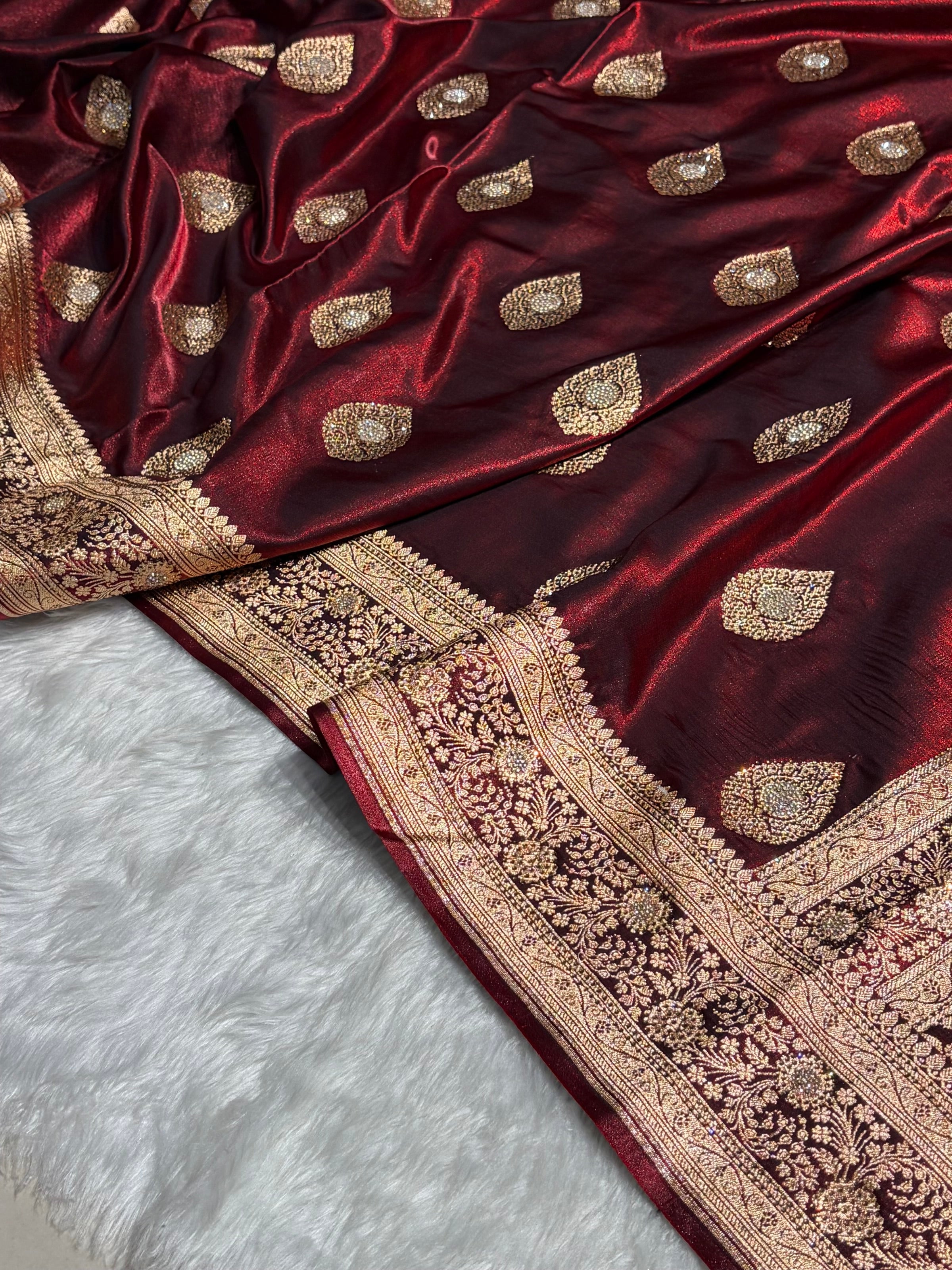 Maroon Shades Banarsi Satin Silk Boota with Stone Work BSS05