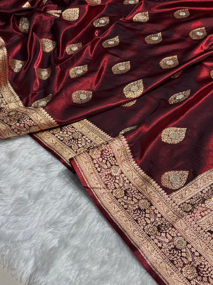 Maroon Shades Banarsi Satin Silk Boota with Stone Work BSS05