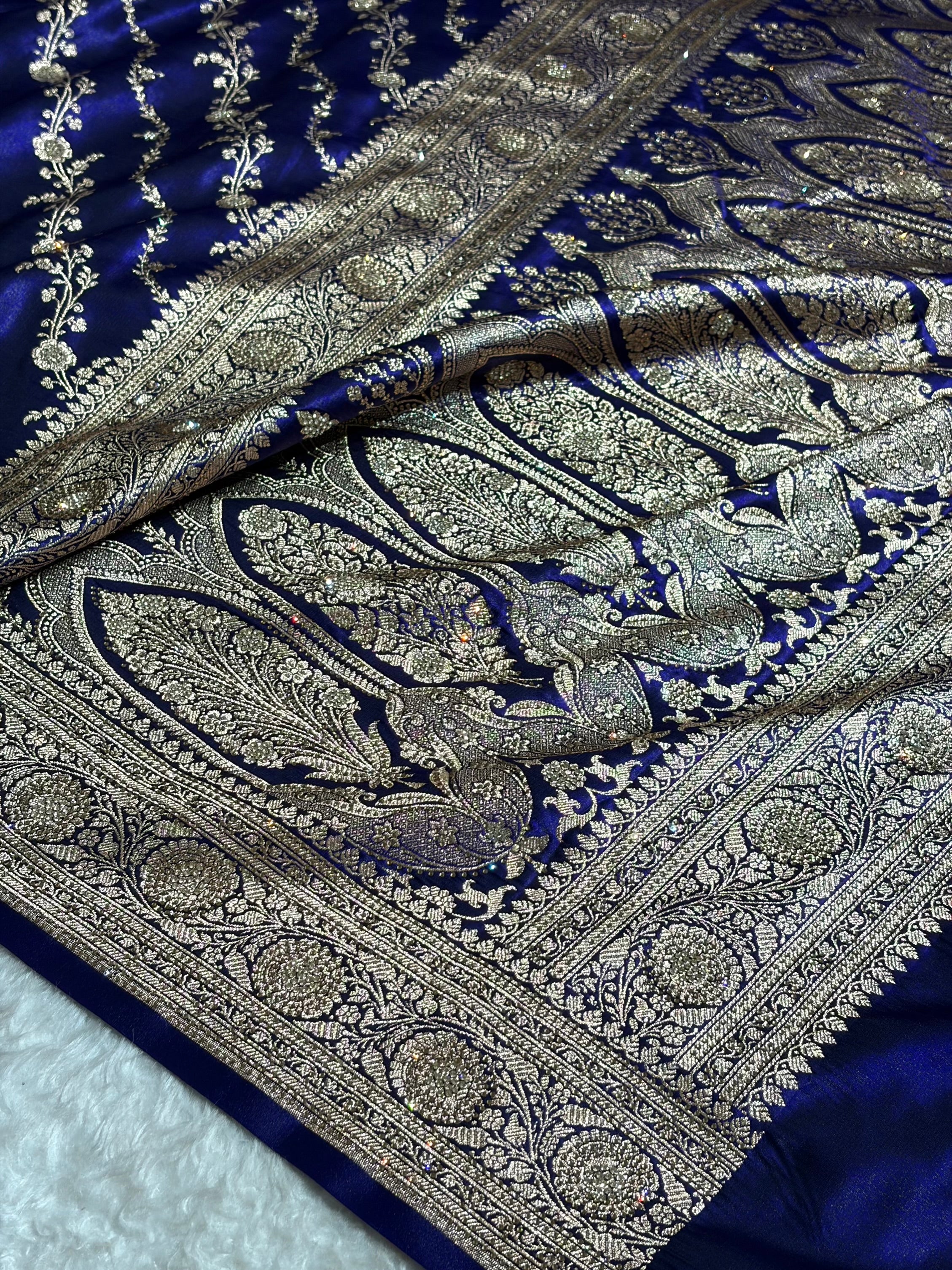 Satin Silk Cross Pattern With Swarovski Work in Royal Blue Shades BSS37