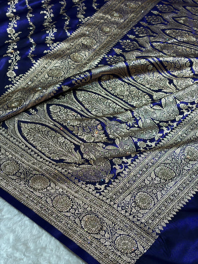 Satin Silk Cross Pattern With Swarovski Work in Royal Blue Shades BSS37