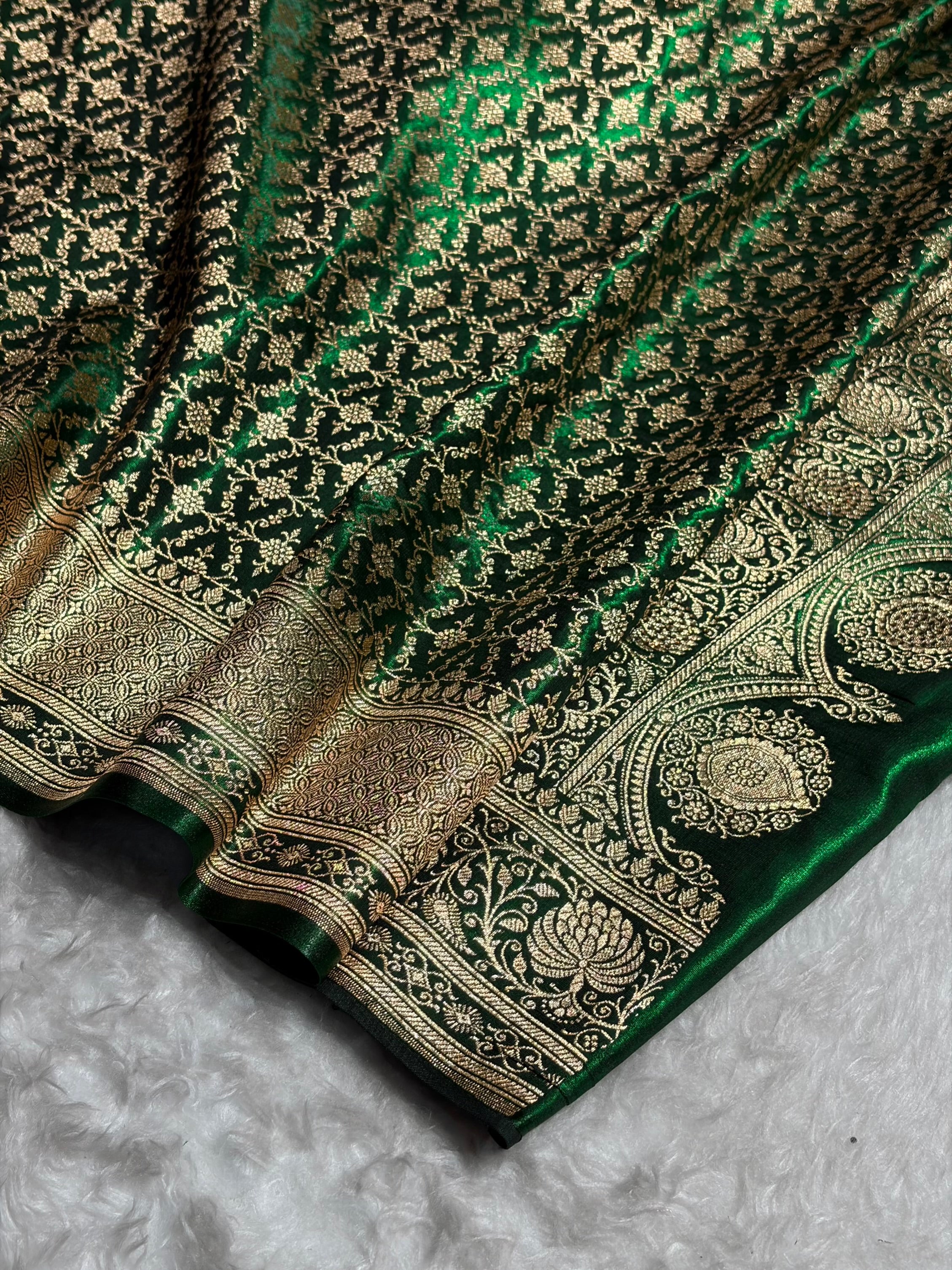 Satin Silk Saree Banarasi Swarovski Work Jaal in Bottle Green Shades BSS23 (R)
