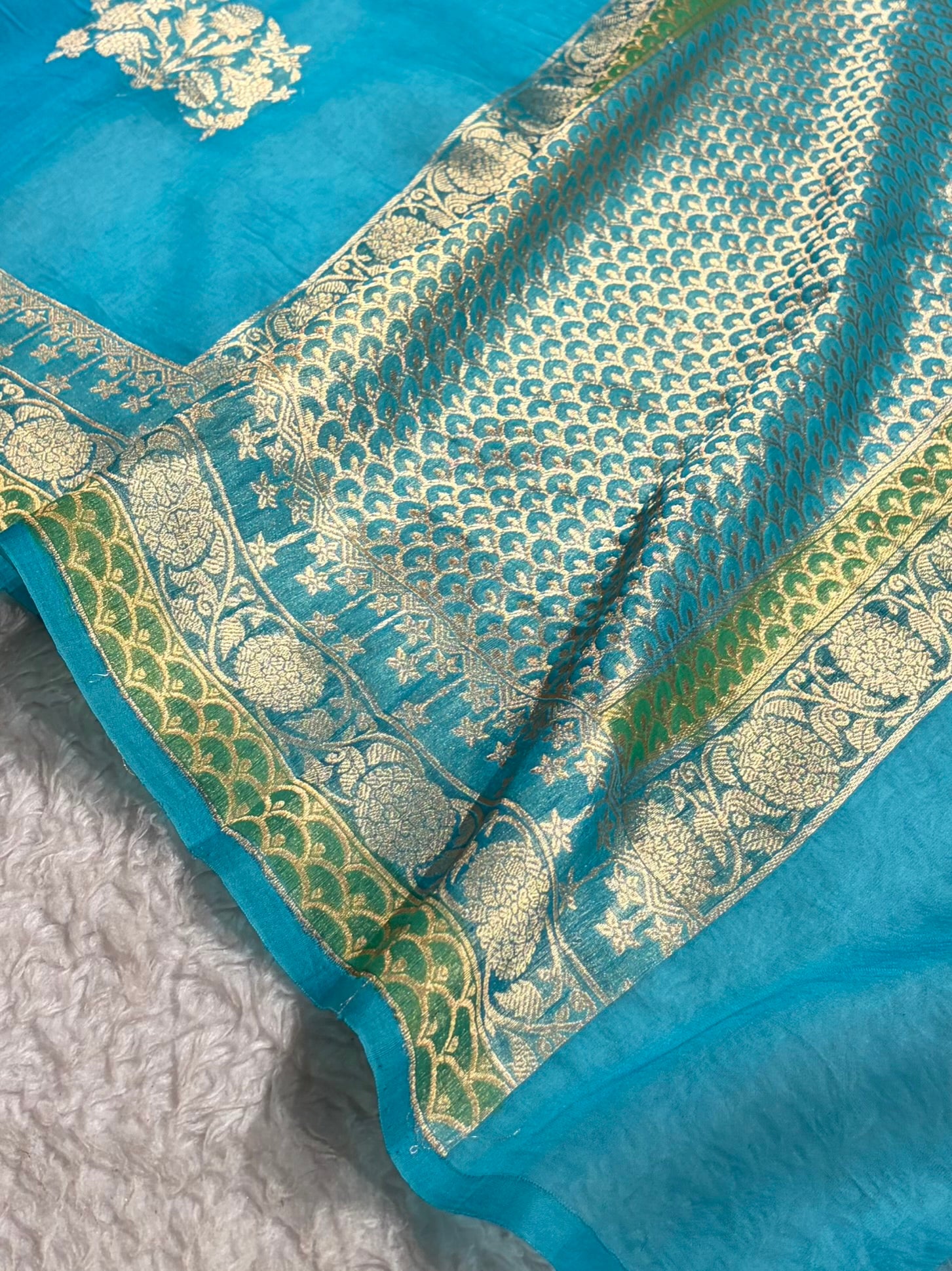 Banarasi Pure Organza Firozi Shades With Minakari Boota Banarasi Silk Saree PO-37