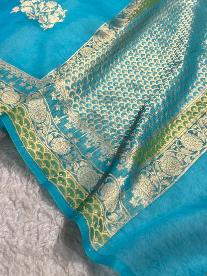 Banarasi Pure Organza Firozi Shades With Minakari Boota Banarasi Silk Saree PO-37