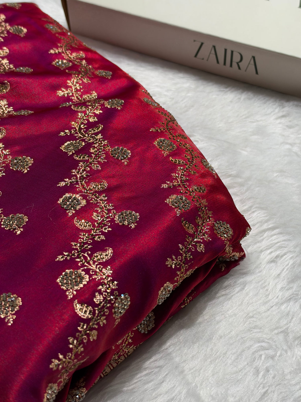 Bridal Reddish Magenta Cross Satin Silk with Ari and Stone work BSS11