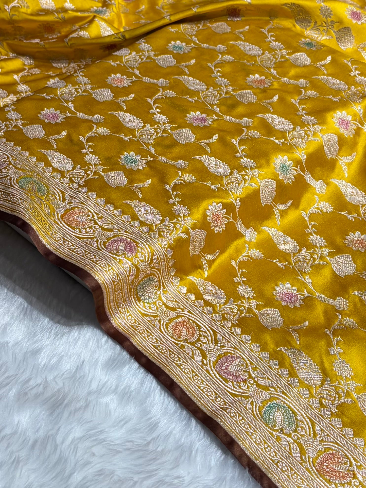 Mustard Yellow Shades In Banarasi Minakari Jaal Mashru Silk Saree MS42