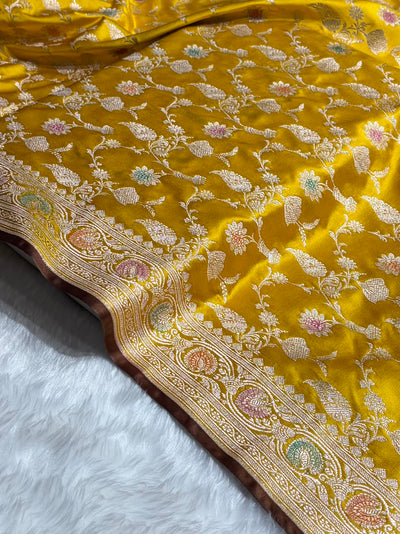 Mustard Yellow Shades In Banarasi Minakari Jaal Mashru Silk Saree MCS42