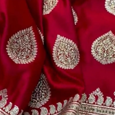 Red Boota Satin Katan Silk Saree with Swarovski Work.