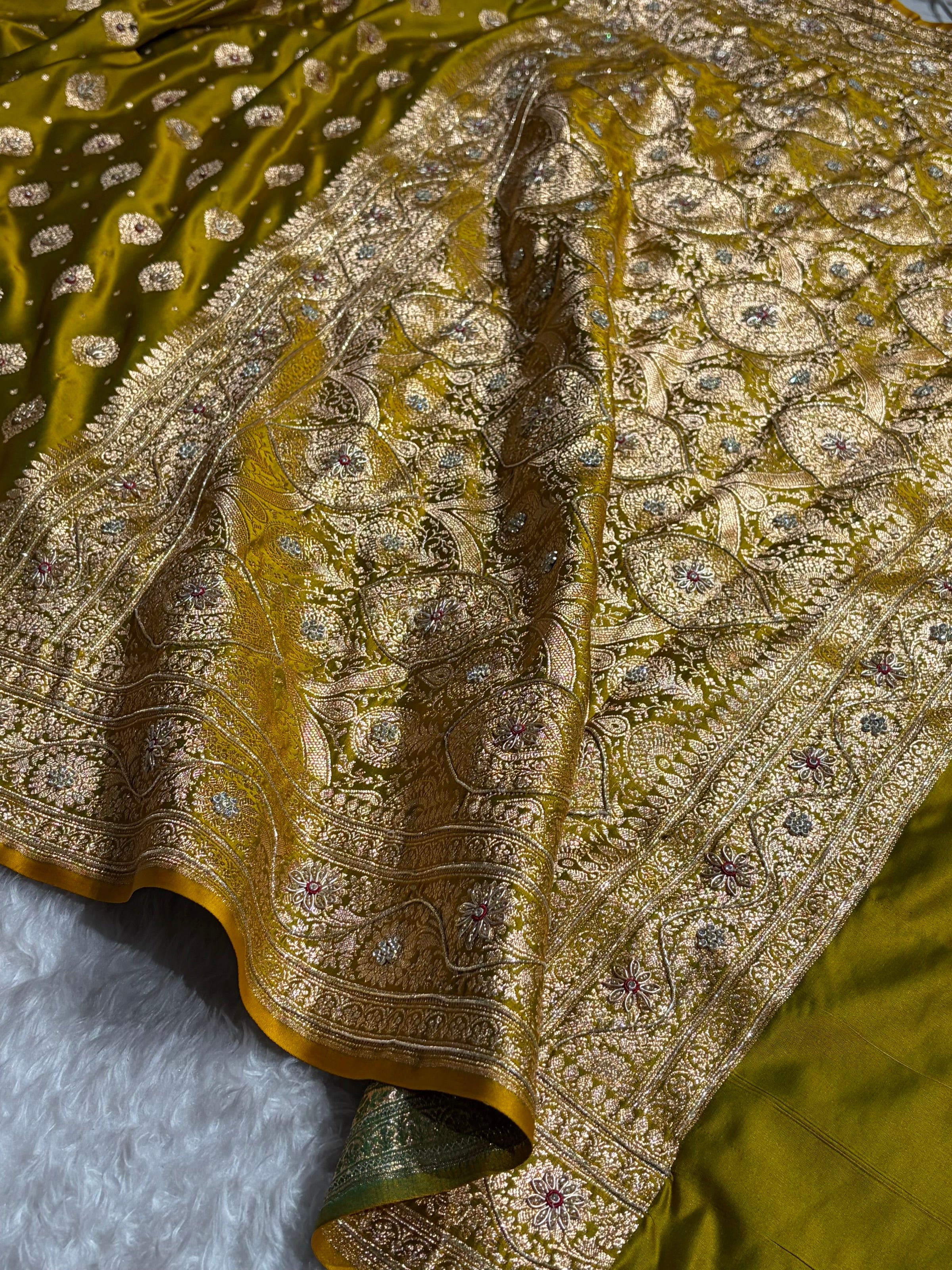 Bridal Mehendi Unique Boota Pattern With Stone & Ari Work Satin Katan Silk Saree BSK69