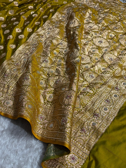 Bridal Mehendi Unique Boota Pattern With Stone & Ari Work Satin Katan Silk Saree BSK69
