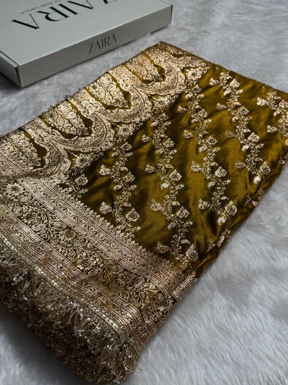 Bridal Mehandi Gold Cross Satin Silk with Ari and Stone work