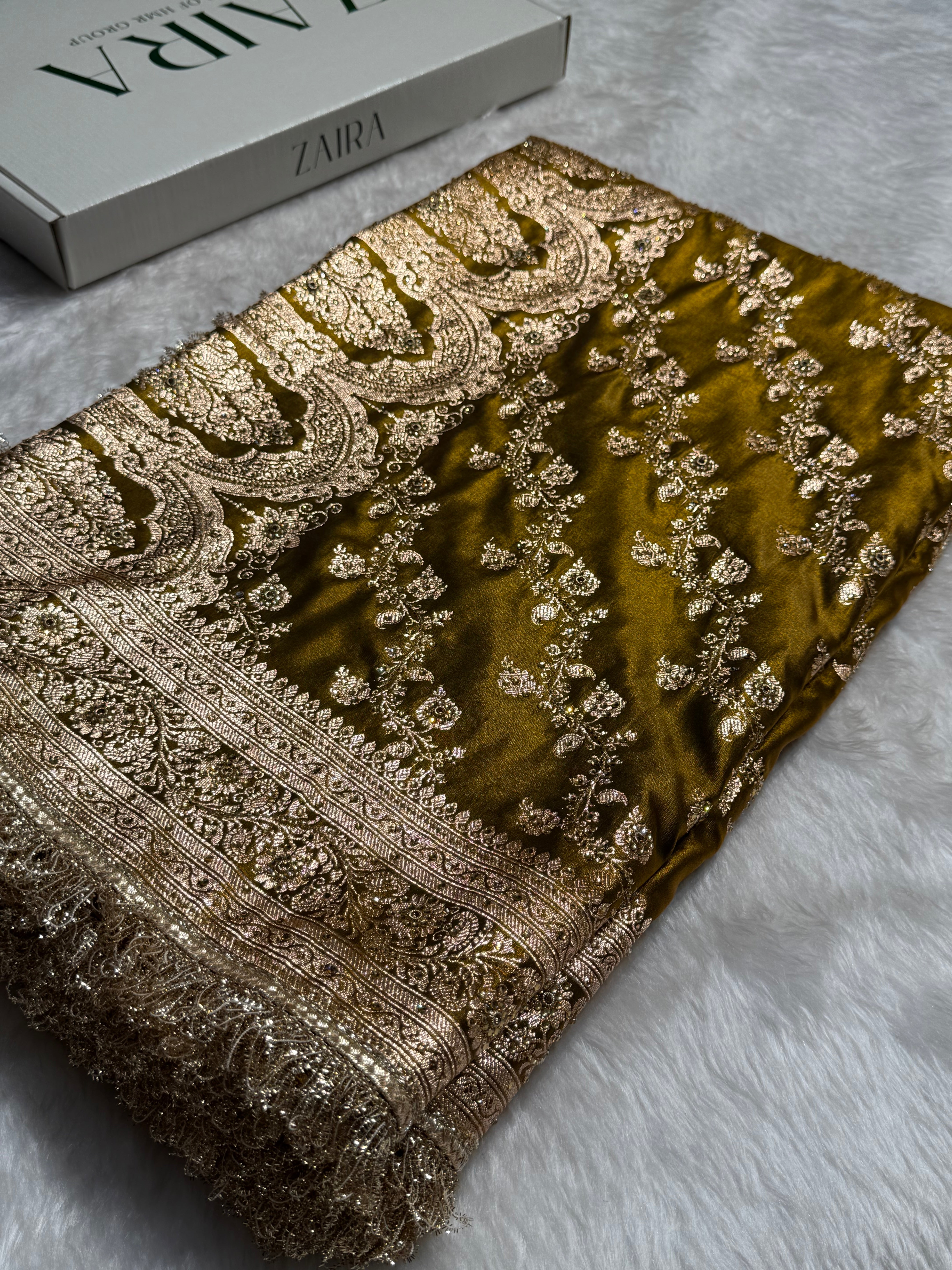 Bridal Mehandi Gold Cross Satin Silk with Ari and Stone work
