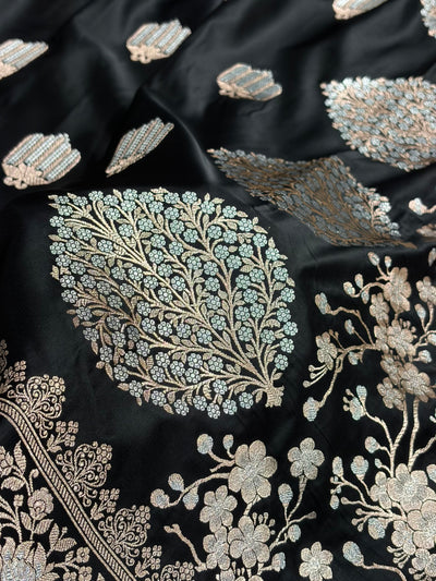 Black Shades Banarasi Boota Pattern Minakari Floral Mashru Silk Saree MSM-122