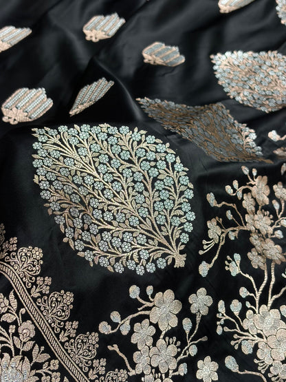 Black Shades Banarasi Boota Pattern Minakari Floral Mashru Silk Saree MSM-122