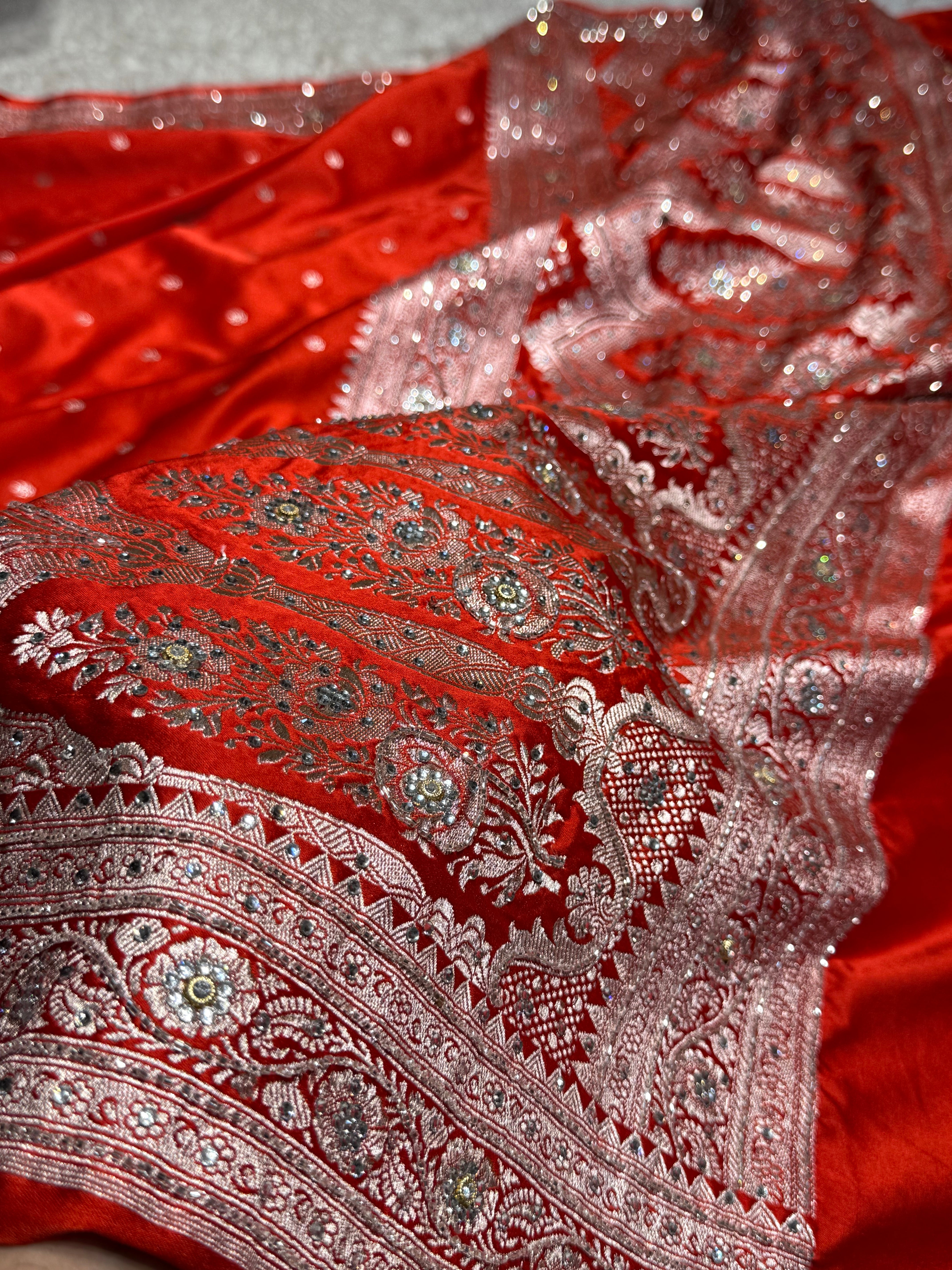 Bridal Rusty Orange Booti Mashru Silk Saree with Ari and Stone Work