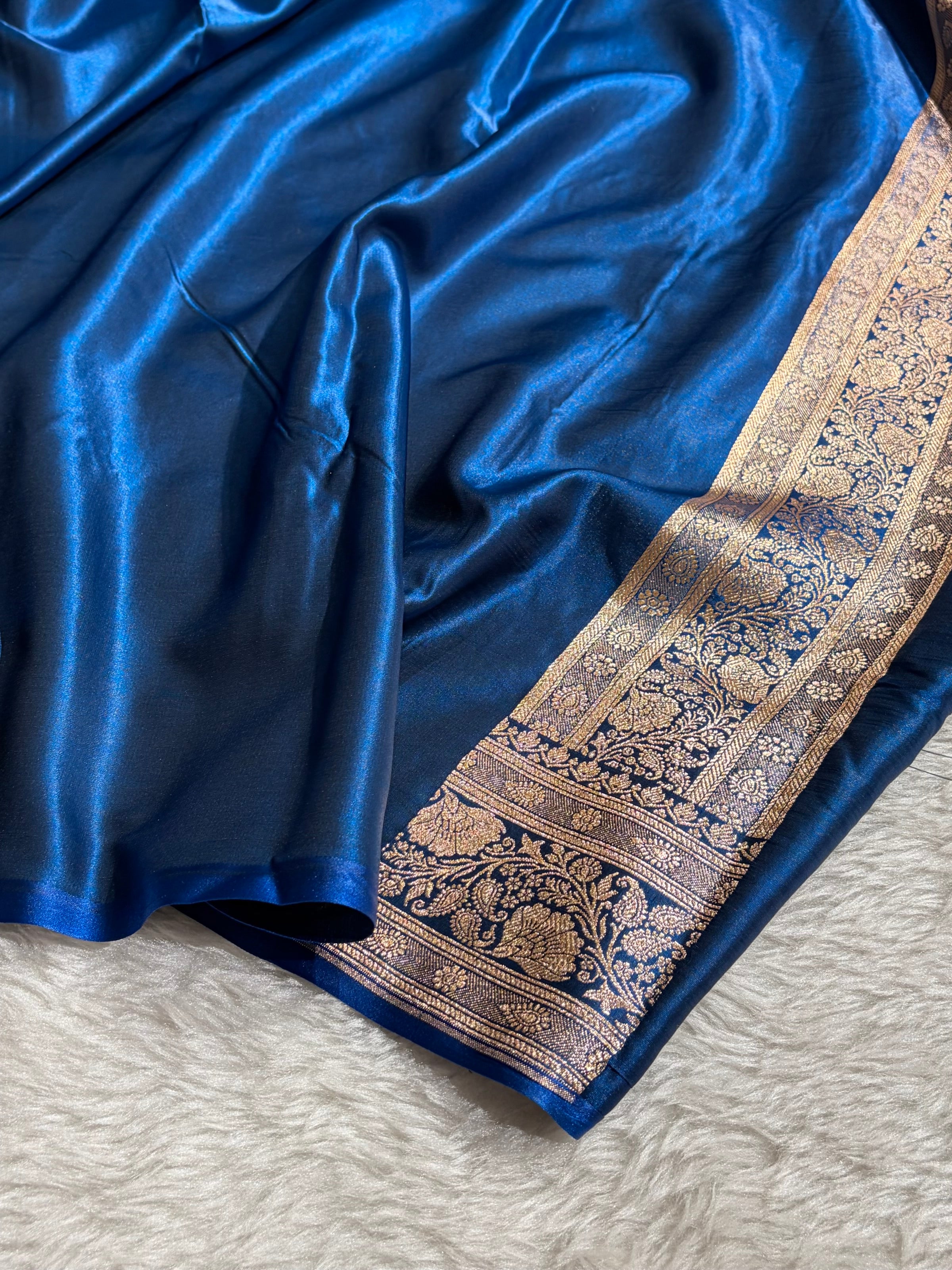 Banarasi German Blue Shades Cross Pattern Banarasi Satin Silk Saree SS51