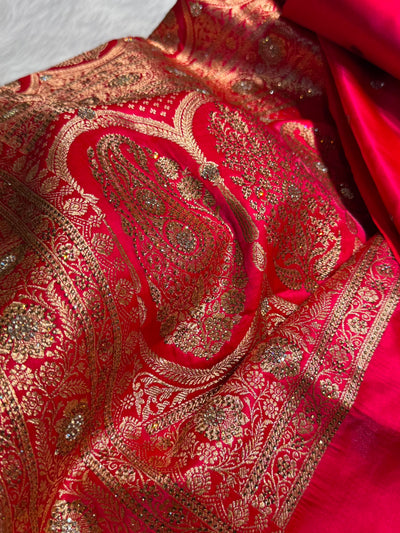 Satin Silk Saree Banarasi Booti With Swarovski Work in Cross Rani Shades BSS29