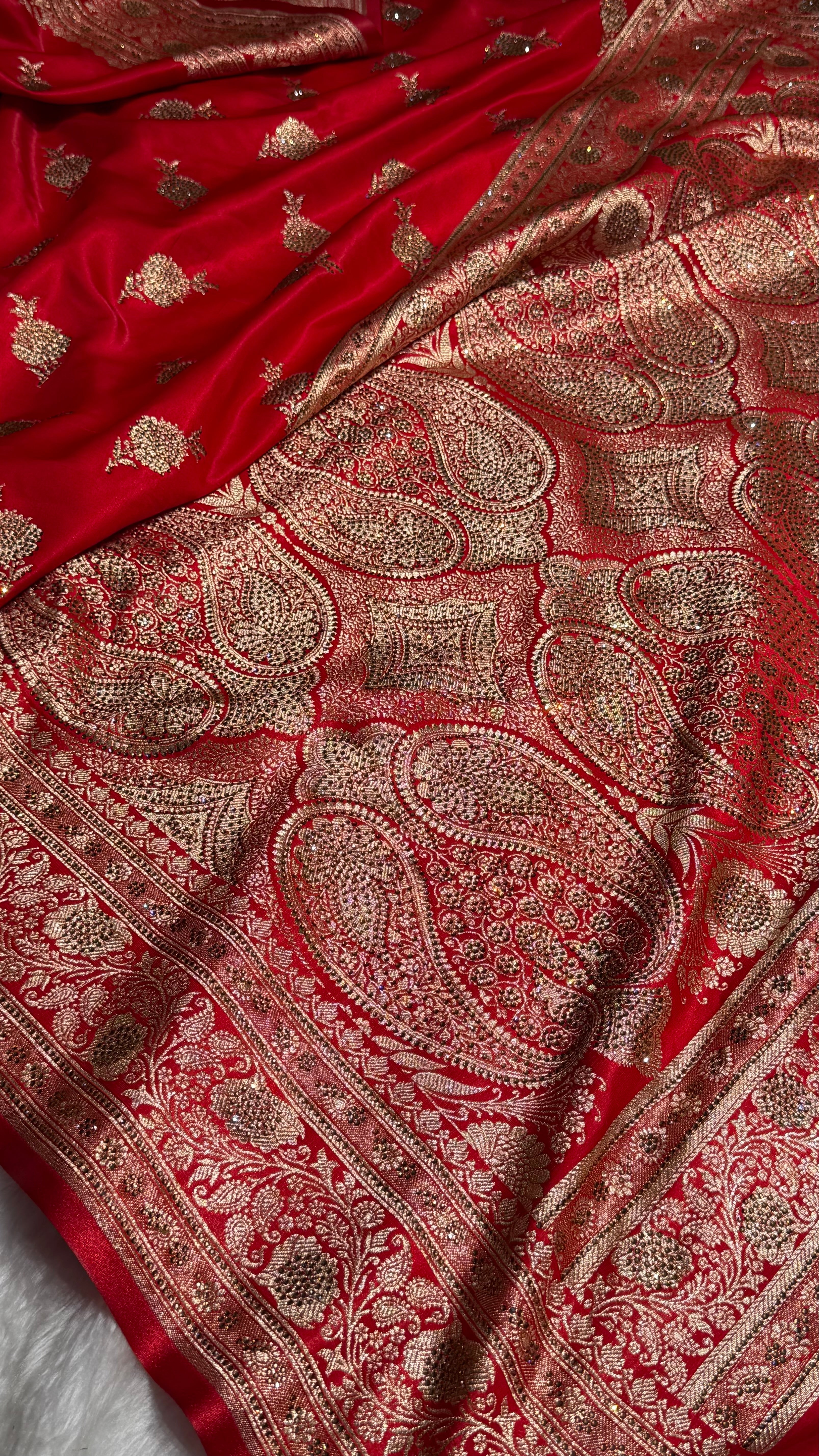 Satin Silk Saree Swarovski Work Floral Boota in Red Shades BSS26