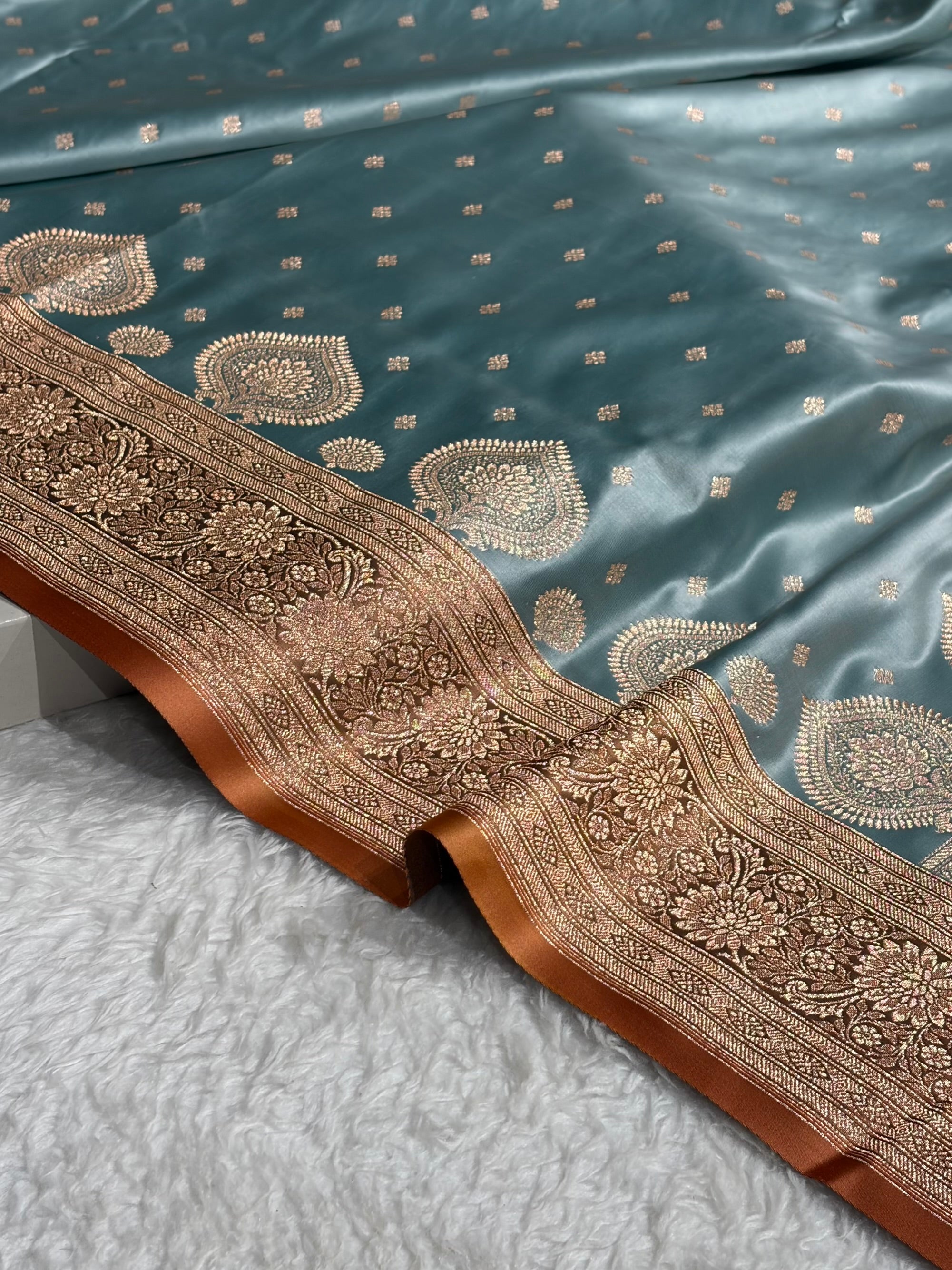 Sea Green with Peach Booti Satin Katan Silk saree SK29