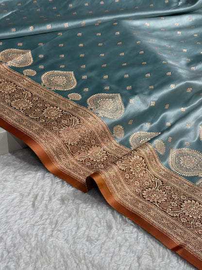 Sea Green with Peach Booti Satin Katan Silk saree SK29