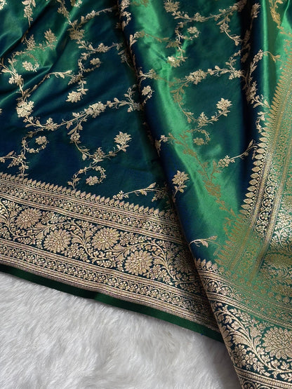 Bottle Green Cross Floral Jaal Pattern Satin Katan Silk saree SK60