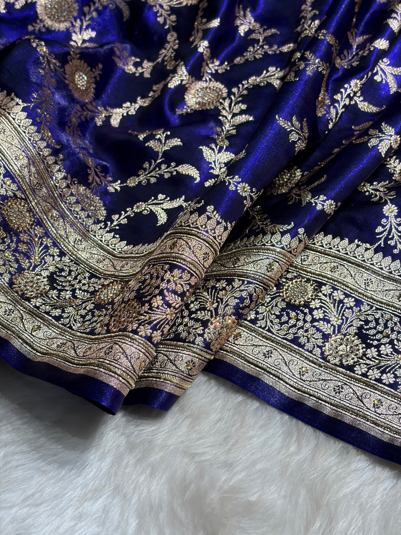 Satin Silk Banarasi Jaal in Royal Blue Shades with Work BSS14