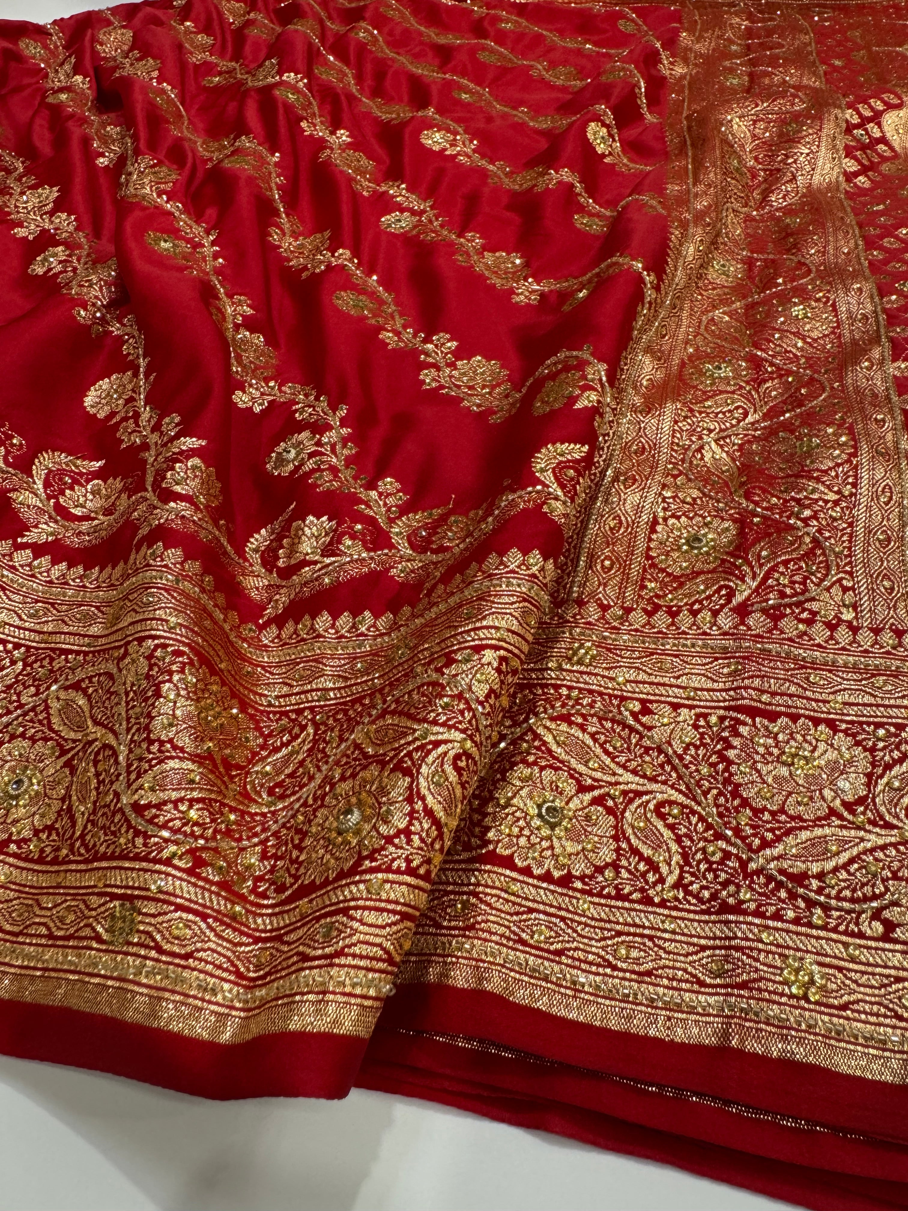 Bridal Red Katan Silk with Ari and Stone