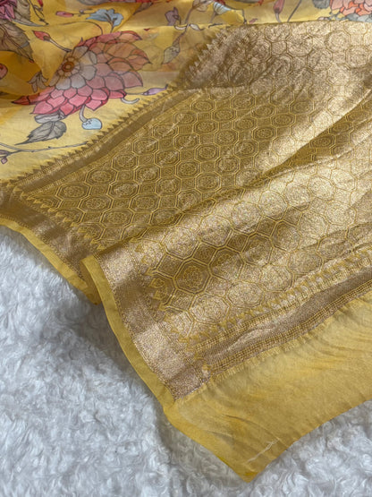 Yellow Organza with Pastel Multicolor Florals & Gold Zari Border POP06