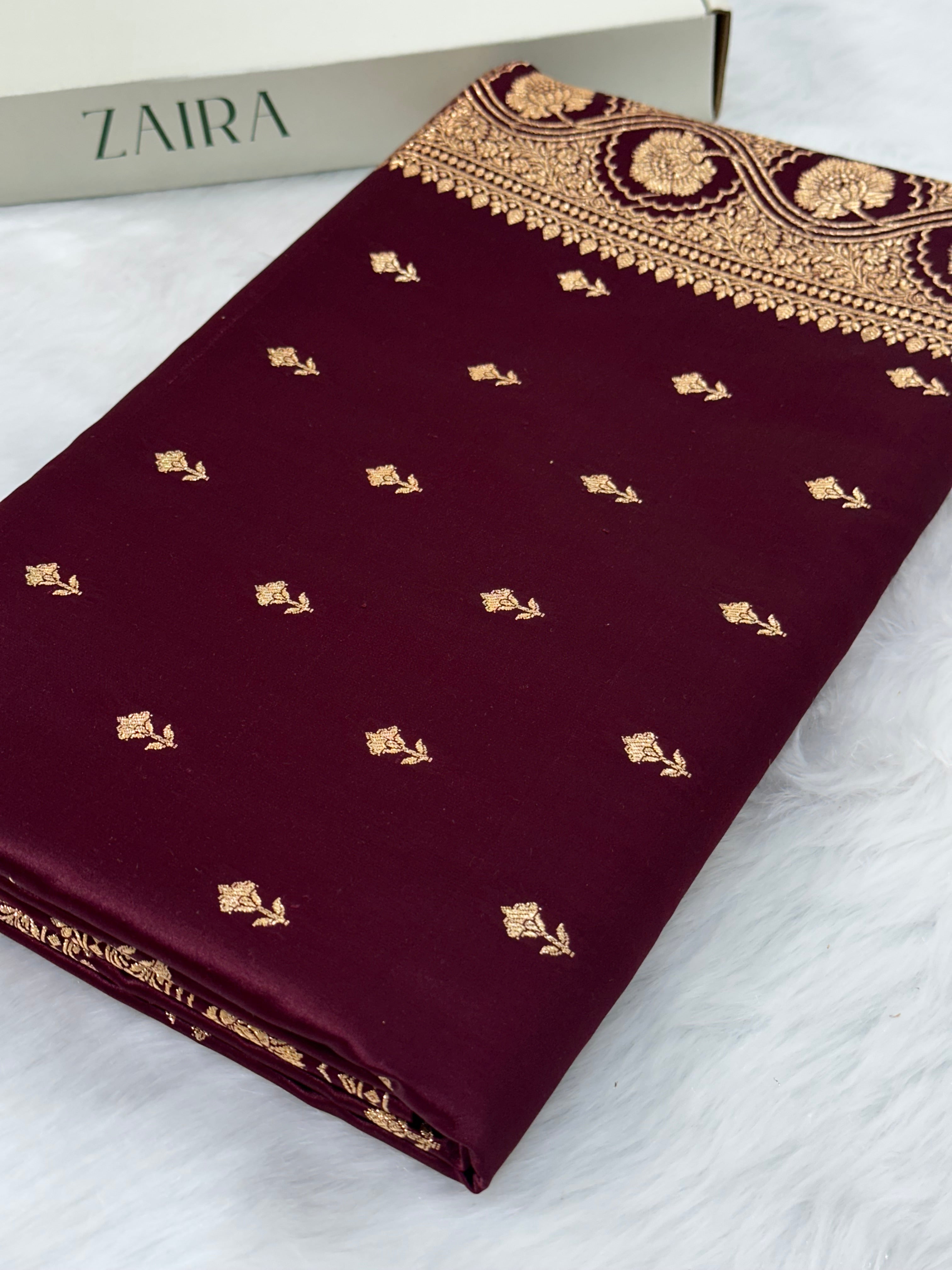 Cross Garnet shades Booti Pattern Satin Katan Silk Saree SK54