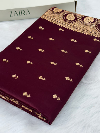 Cross Garnet shades Booti Pattern Satin Katan Silk Saree SK54