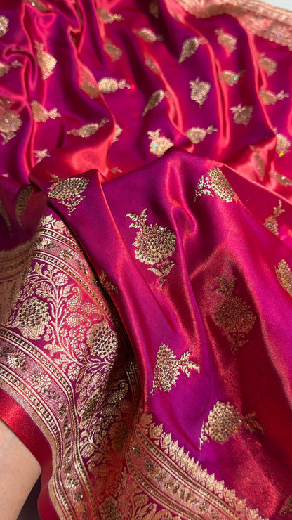 Satin Silk Saree Swarovski Work Floral Boota in Reddish Magenta Shades BSS26