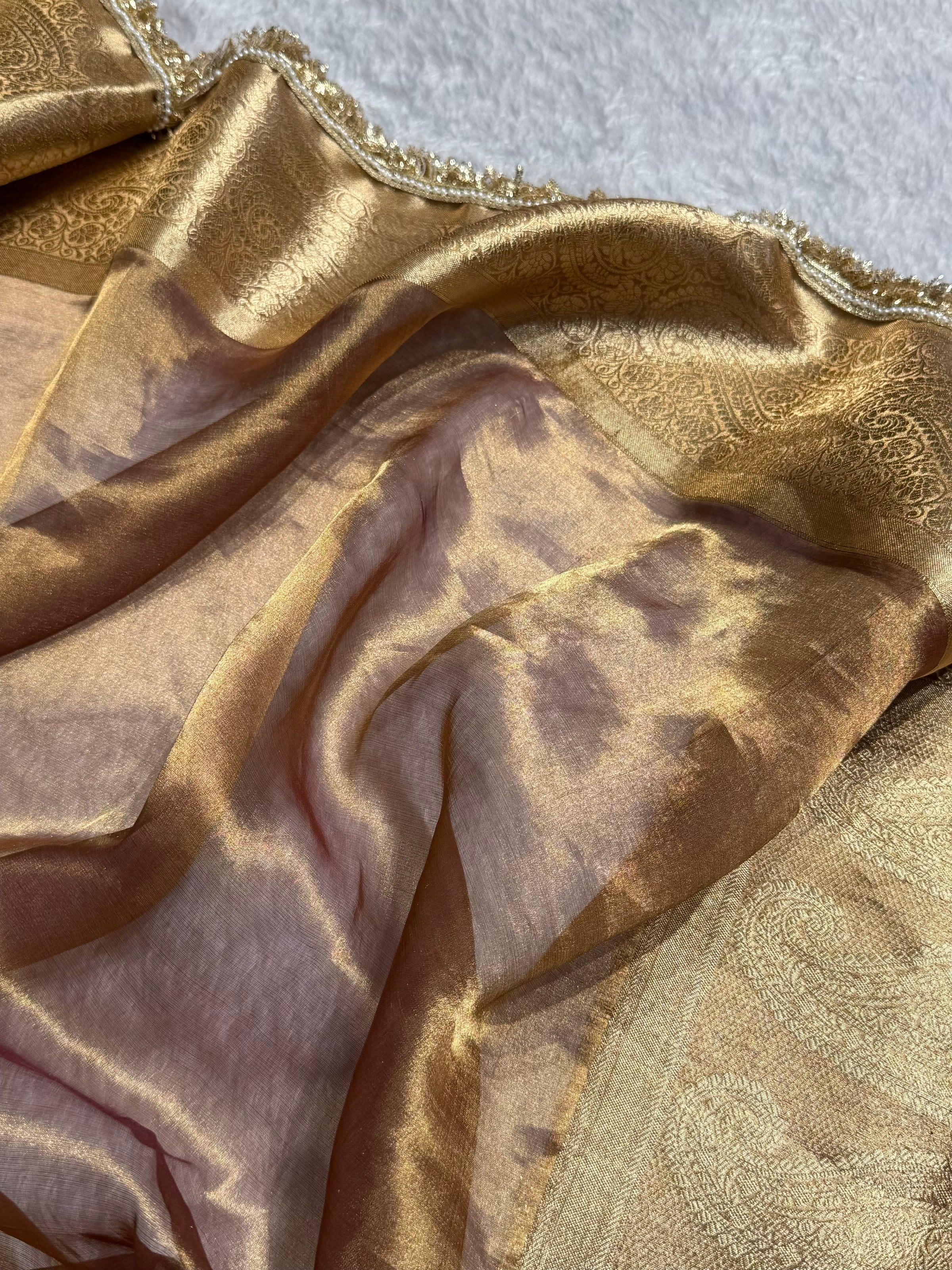 Dark Cheeku Tissue With Bananasi Gotta Patti Work Floral Pure Tissue Silk Saree PTGP-57