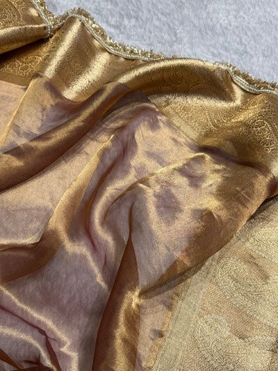 Dark Cheeku Tissue With Bananasi Gotta Patti Work Floral Pure Tissue Silk Saree PTGP-57